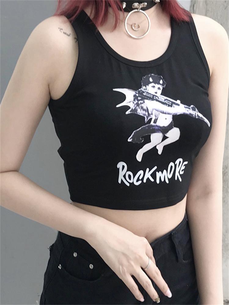 

Women' Tanks & Camis Vintage Gothic Slim Fit Short Navel Letter Top Y2K Punk Black Angel Printed Cotton Vest 2022 Summer Women Pulovers Cro