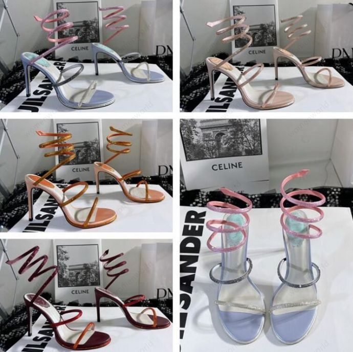 

RENE CAOVILLA Cleo open toe sandals crystal embellished spiral snake tail sandals twining rhinestone sandal women Top quality 10cm stiletto heels shoes, Only a boxes