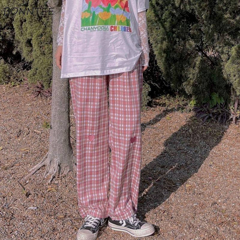 

Women' Pants & Capris Full-length Women High-waist Loose Simple Korean Wide-leg Embroidery Heart Casual Spring Plaid Streetwear Ins Fashion, Pink