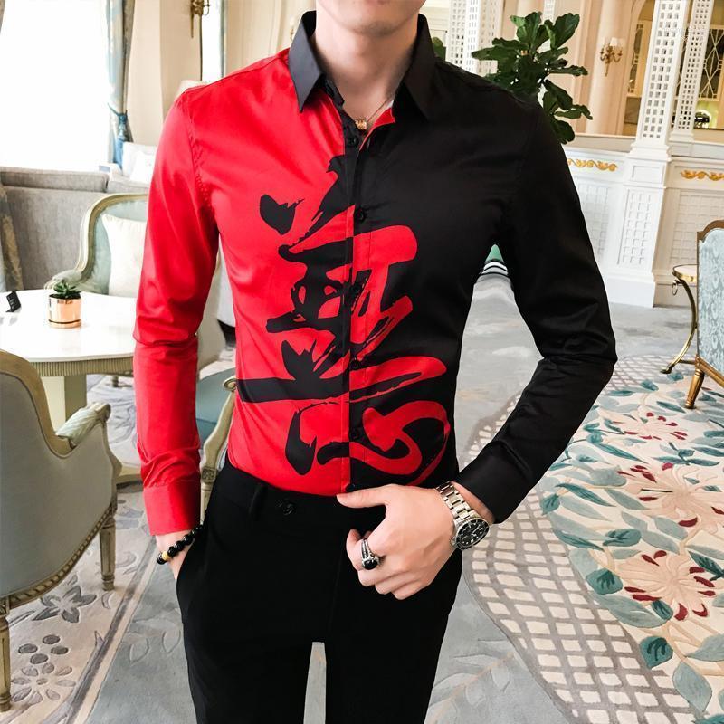 

Slim Casual Shirts Fit Party Wear Blouse Men Autumn Shirt Fashion Patchwork Color Streetwear Long Sleeve Mens Men's Dress Dway22, And white spell