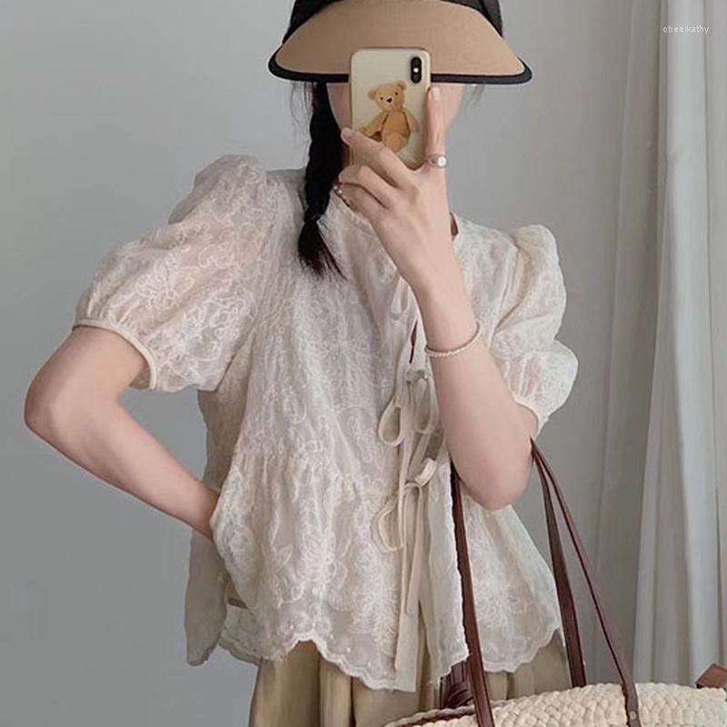 

Women's Blouses & Shirts Korean Chic Lace Hook Flower Blusas Mujer Elegant Drawstring Design Women Summer Short Puff Sleeve TopsWomen's Chee, Apricot tops