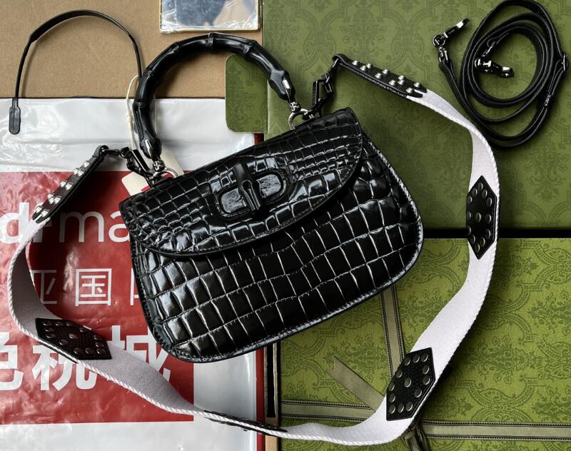 Realfine Totes 5A 675797 21 cm Crocodile Alligator bambou 1947 Mini fourre-tout sacs à main poignée supérieure sac à main pour les femmes avec sa