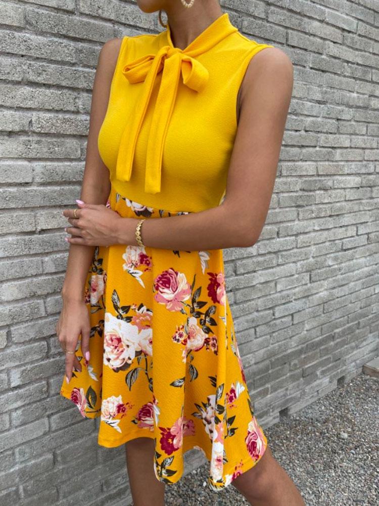 

Casual Dresses Elegant Sleeveless Scarf Collar Slim Dress Summer Women Flower Printed Splicing A-Line Lace Up Neck Bow Mini DressCasual, 04 blue