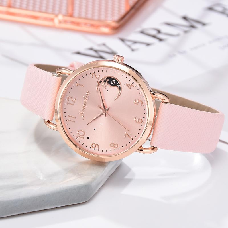 

Wristwatches Women Watch Moon Numbers Dial Bracelet Watches Set Ladies Leather Band Quartz Wristwatch Female Clock 2022, White