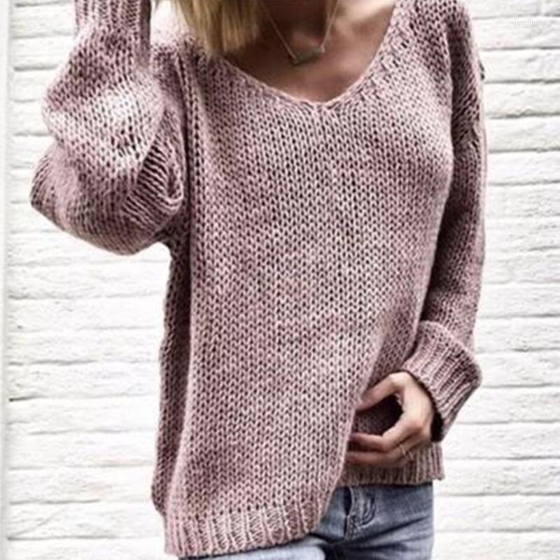 

Women' Sweaters Women Solid Knitted Sweater Casual Loose Long Sleeve Pullovers Autumn V-neck Jemi22, Khaki