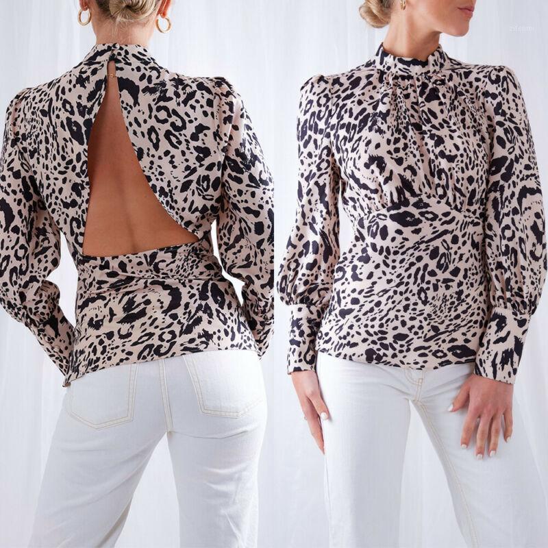 

Est Fashion Women Leopard Print Long Sleeve Blouse Casual Turtleneck Tops Backless Sexy Club Party Wear Women' Blouses & Shirts, As pic