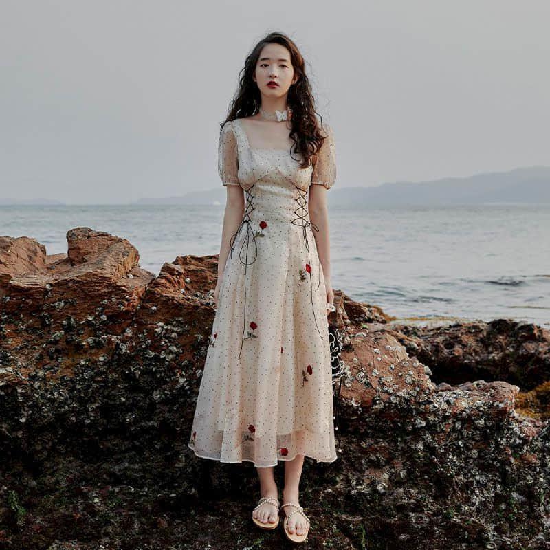 Party Dresses Polka Dot Strawberry Rose Dress Champagne Retro Princess Elegant Temperament High Waist Slim 2022 Summer Cute Skirt-image-760128304