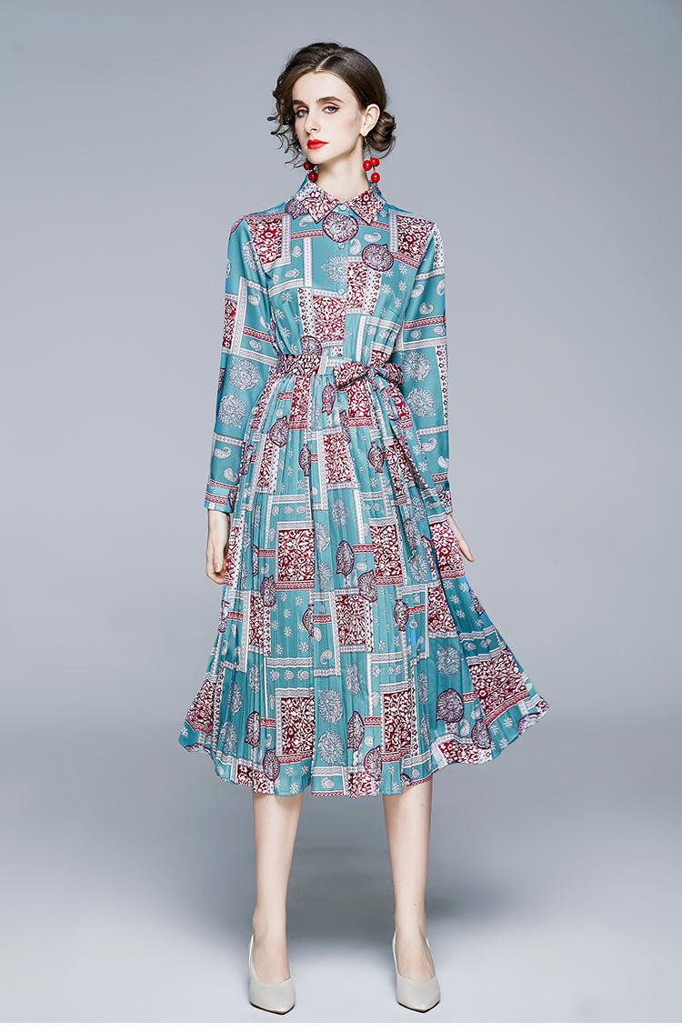 

Casual Dresses Autumn Women Fashion Retro Print Lapel Waist Long Pleats Slim Dress, Blue