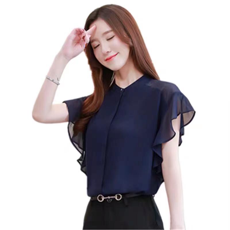 

Women' Blouses & Shirts Chiffon Blouse Women Short Sleeves Summer Flounce Temperament Round Collar Top Korean StyleWomen, White