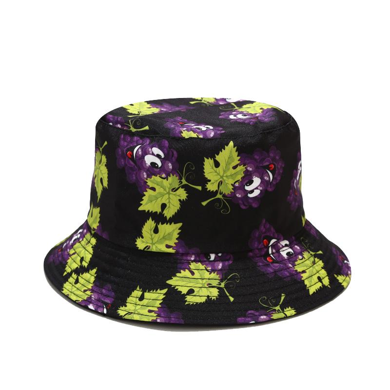 

Berets Funny Printed Bucket Hat Fruit Cartoon Grape Fishing Double Sided Wearing Outdoor Travel Caps For Girls Lovers, White