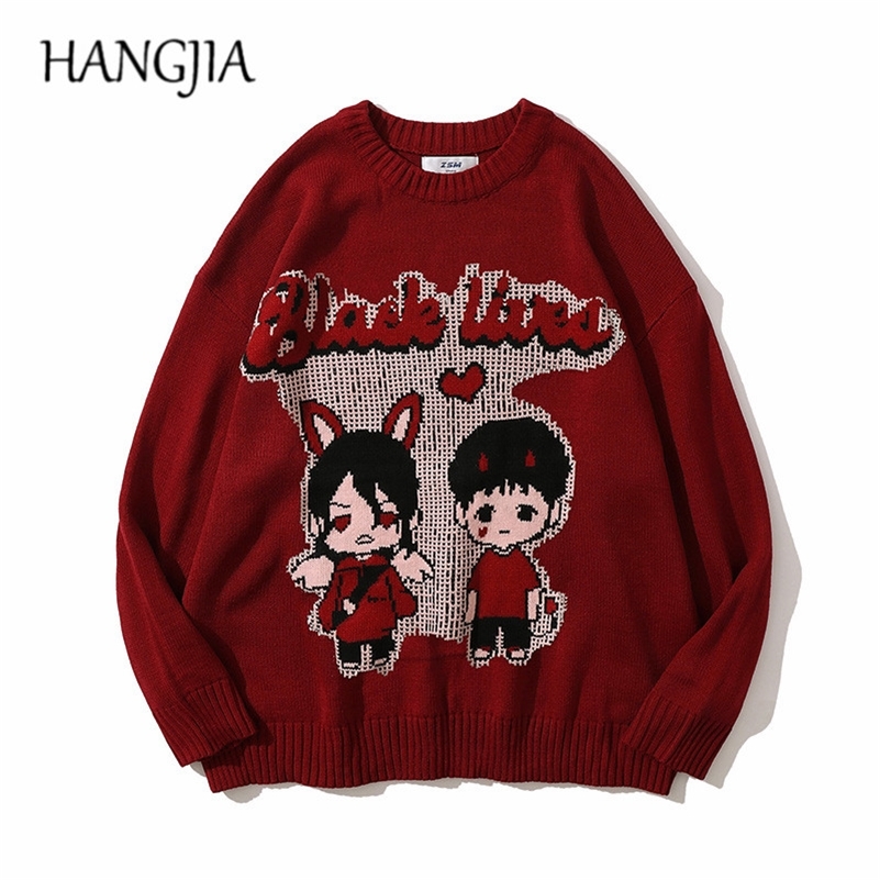 

Funny Black Lived Couples Printed Pullover Knitwear Men Oversized Japanese Anime Cartoon Knitted Sweater Women Tops 220812, Red