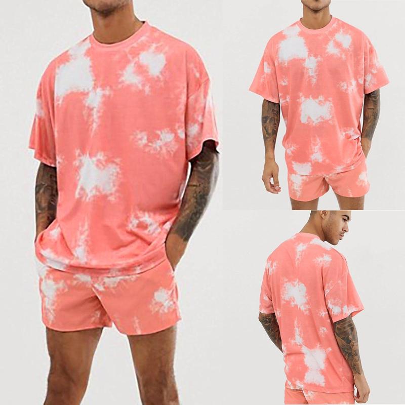 

Men' Tracksuits Fashion Men' Short Sleeve Tie Dye Printing Large Selling Simple Sports Retro Leisure Beach Shorts Two-piece SetMen, Pink