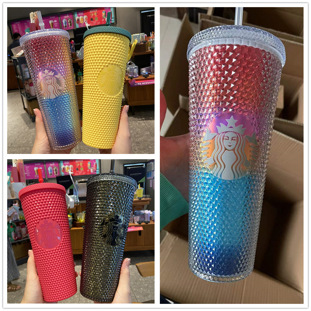 

New Starbucks Cold Mugs with LOGO Studded Godness 24oz 710ml Tumbler Double Wall Matte Plastic Coffee Cups With Straw Reusable Clear Drinking, 1lot=1cup+1lid+1straw