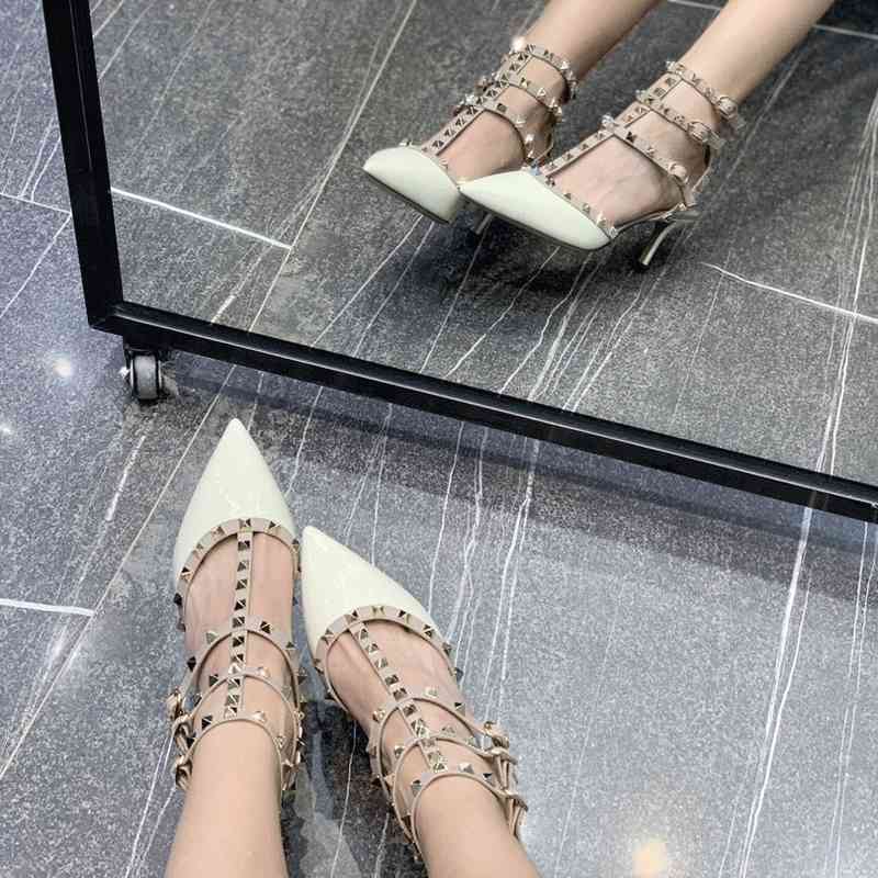 Sandales Classic Cuir Rivet Hauts High Talons, Chaussures de mariage pointues, Thin V Accueil Traquette Femme Sexy Baotou Two Ceinture Single Cha