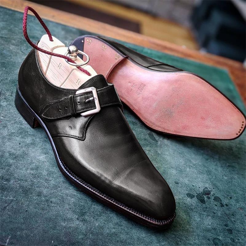 Men Monk Shoes Solid Color PU Pointed Retro Belt Buckle Classic Fashion Business Dress Shoes
