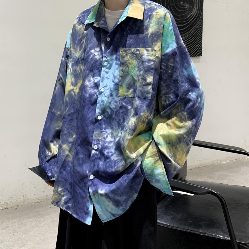 

Men's Casual Shirts Spring Tie Dye Men Fashion Retro Print Streetwear Korean Loose Long Sleeve Mens -2XLMen's, Blue