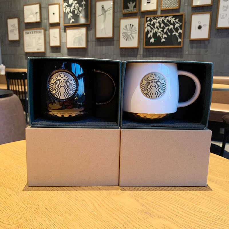 Starbucks Mug classic black and white goddess bronze medal ceramic coffee cup gift box for cup water cup large capacity-image-760117968