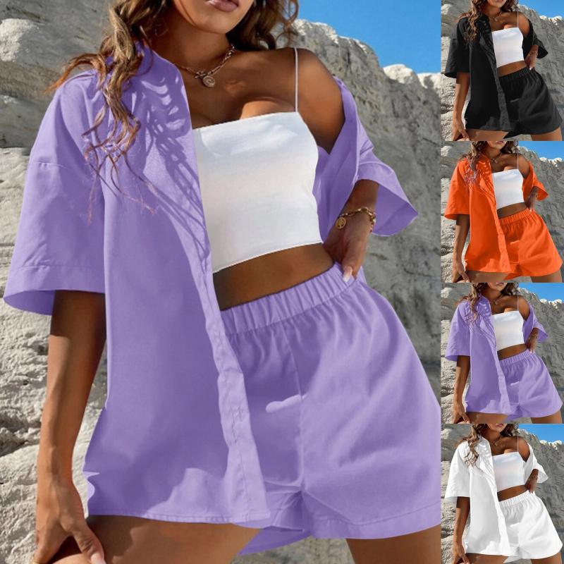 

Women' Tracksuits Summer Casual Tracksuit Women Shorts Suits Solid Color Loose Lapel Short Sleeves Shirt And High Waist 2 Piece Set Outfits, Black