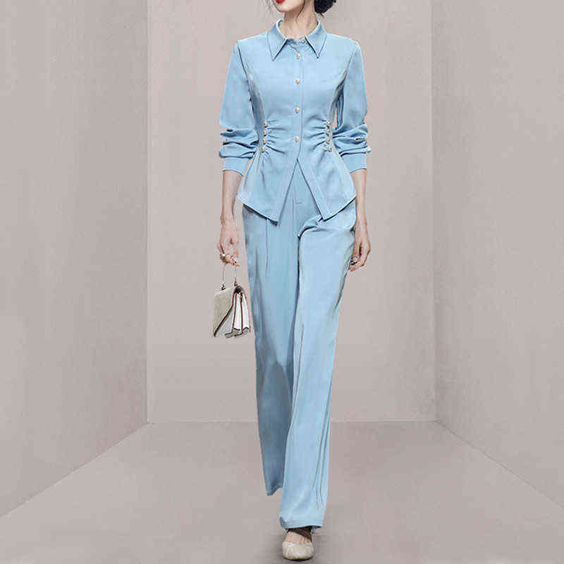 

Autumn Two Piece Set Women Elegant Long Sleeves Pleated Shirt Wide Pants Suits Office Lady Ensemble Femme 2 Piece Outfits J220813