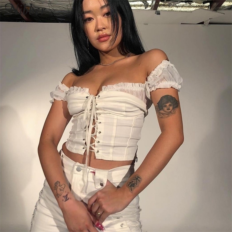 

summer sexy hollow club wear crop top womens tshirts fashion office ladies Elegant off shoulder Slim wild Casual teeshirts Y200109, White