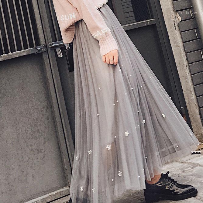 

Large Size Skirt Summer Women 2022 Pleated Super Fire Medium Length Fairy Nail Bead Mesh Skirts, Skirt length 85cm