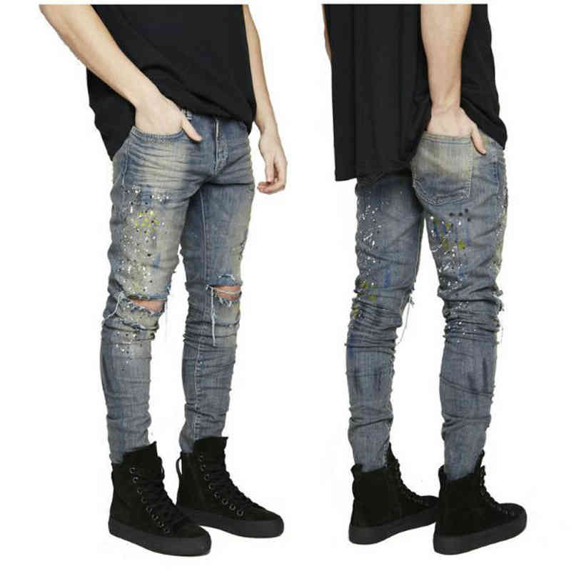 

High street jkanye West knee hole GD same jeans trendy men's elastic slim pants, Light blue