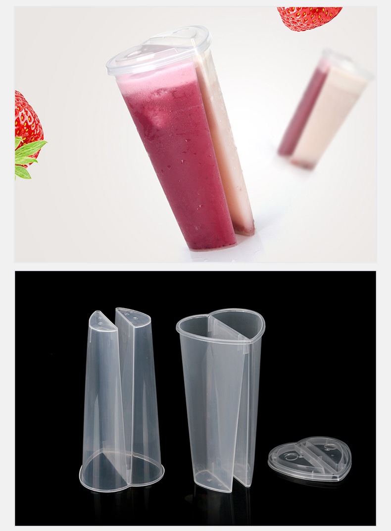

600ML Heart Shaped Double Share Cup Transparent Plastic Disposable Cups with Lids Milk Tea Juice Cups for Lover Couple DH9486