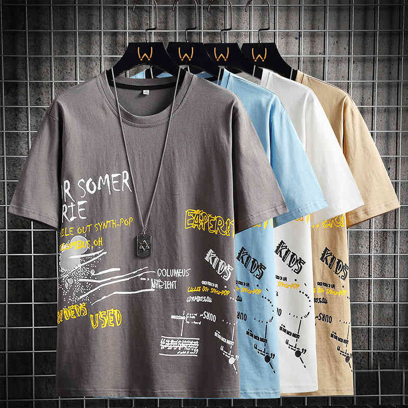 

Short sleeve t-shirt men's cotton summer fashion brand student personality trend large loose round neck printed T-shirt, White