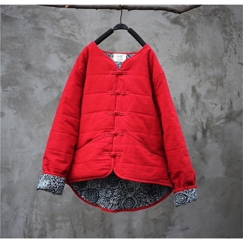 

Aransue Female Cotton linen Winter coat vintage cotton-padded jackets women artistic porcelain patchwork veste femme tops 201127, Red