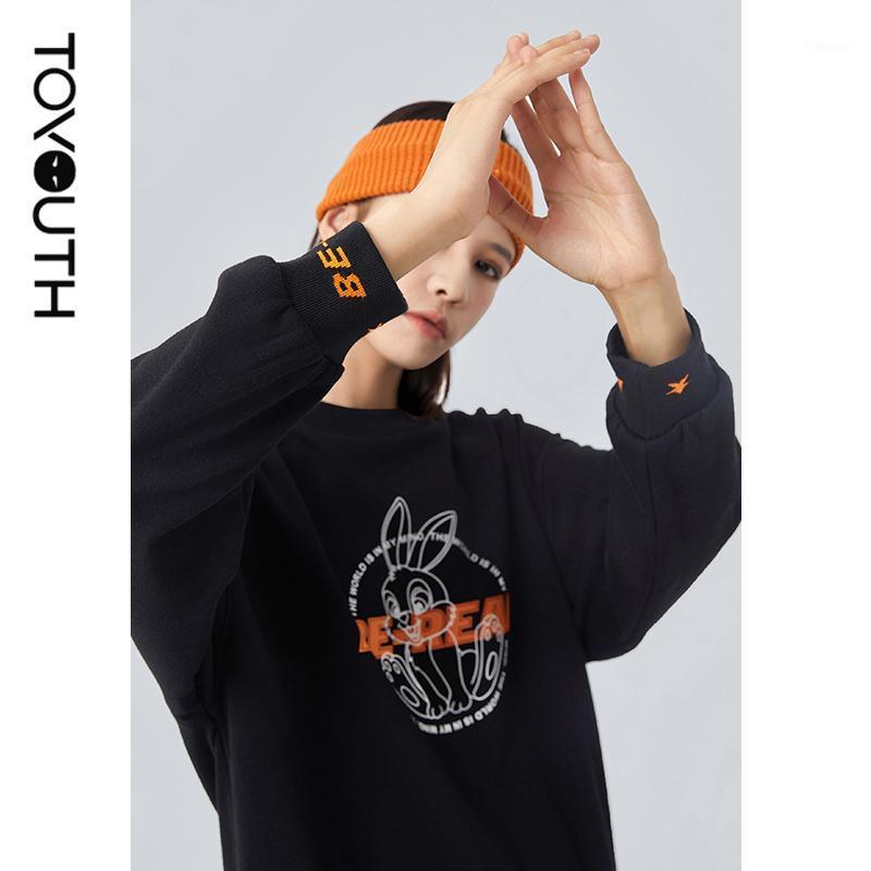 

Women' Hoodies & Sweatshirts Toyouth Women Fashion Casual Contrast Color Cartoon Print Ribbed Jacquard Black Sweatshirt