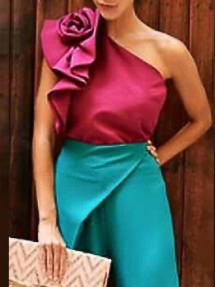 

Women' Blouses & Shirts Women Tops Rose Red One Shoulder Flower Ruffles Sexy Party Club Night Date Out Shiny Shirt Female Summer Celebrate