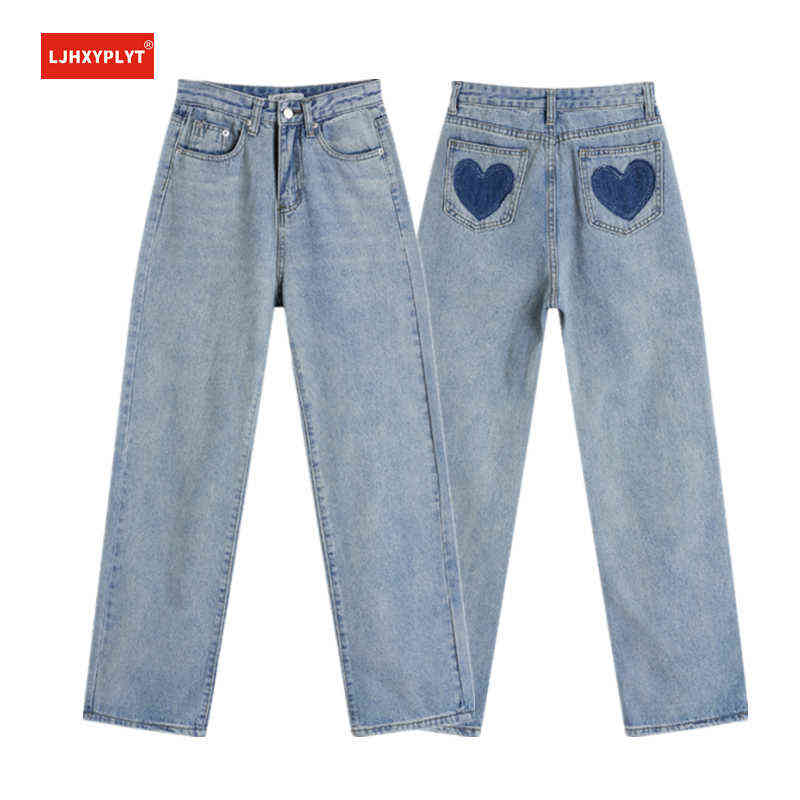 

Blue Jeans Women's Spring Summer High Waist Love Embroidery Street Casual Simple Loose Straight Pants Denim Trousers Female  T220728