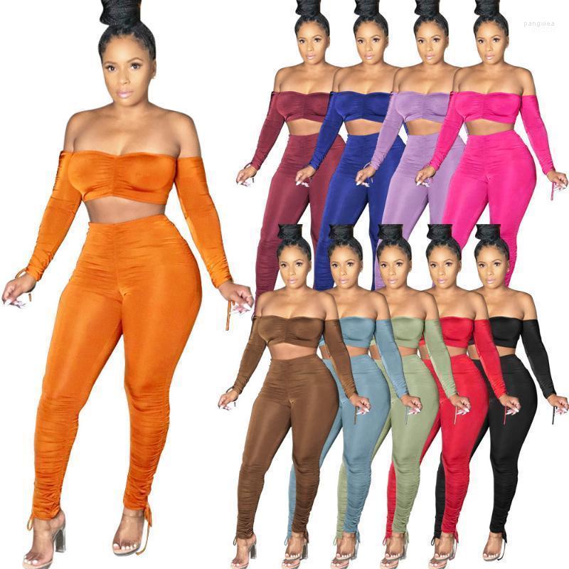 

Women's Tracksuits Casual Women Stacked Pants Joggers Slash Neck Crop Top Long Pleated Tracksuit Sportsuit Winter Clothes Outfit, Blue