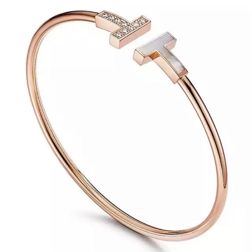 

Double "T" Wristband White Fritillaria Women's Bracelet 17cm Open Designer Bracelets Adjustment Silver Rose Gold wi328v