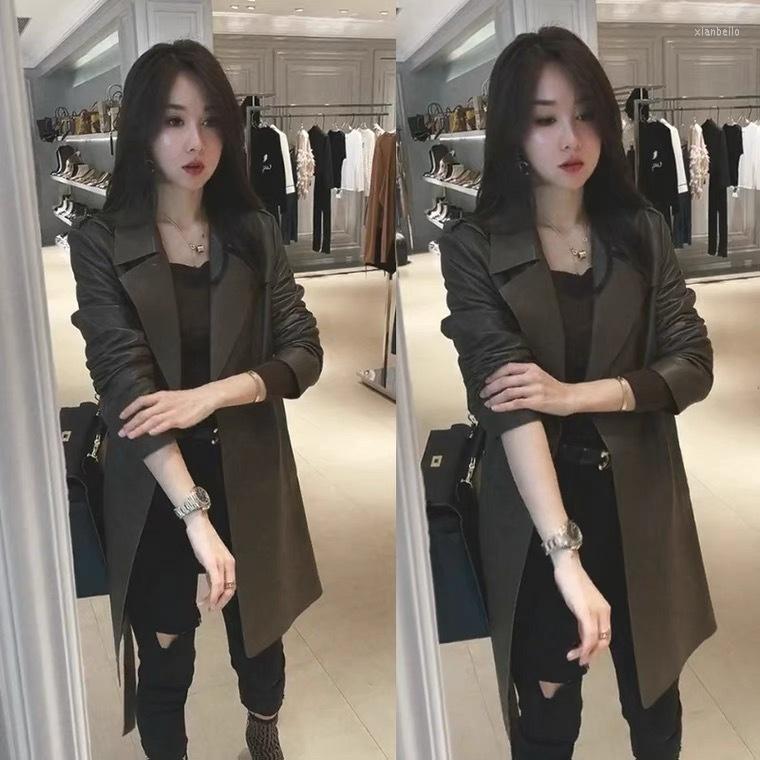 

Women's Jackets Leather Windbreaker Female Sheepskin Haining 2022 Year Long Section Slim Spring And Autumn Pure Casual Sheep Jacket, Black