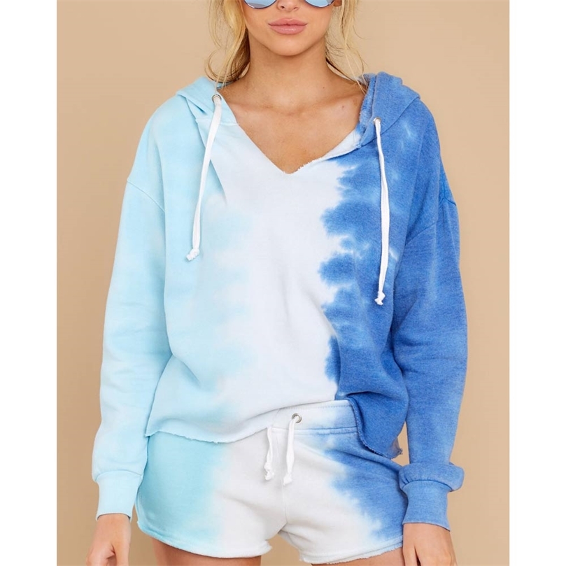 

Tie Dye Colorful Print Long SleeveTop Wide Leg Shorts Pants Set Two Piece Set Summer Gradient Colored Women Tracksuit Streetwear 220816, Blue short