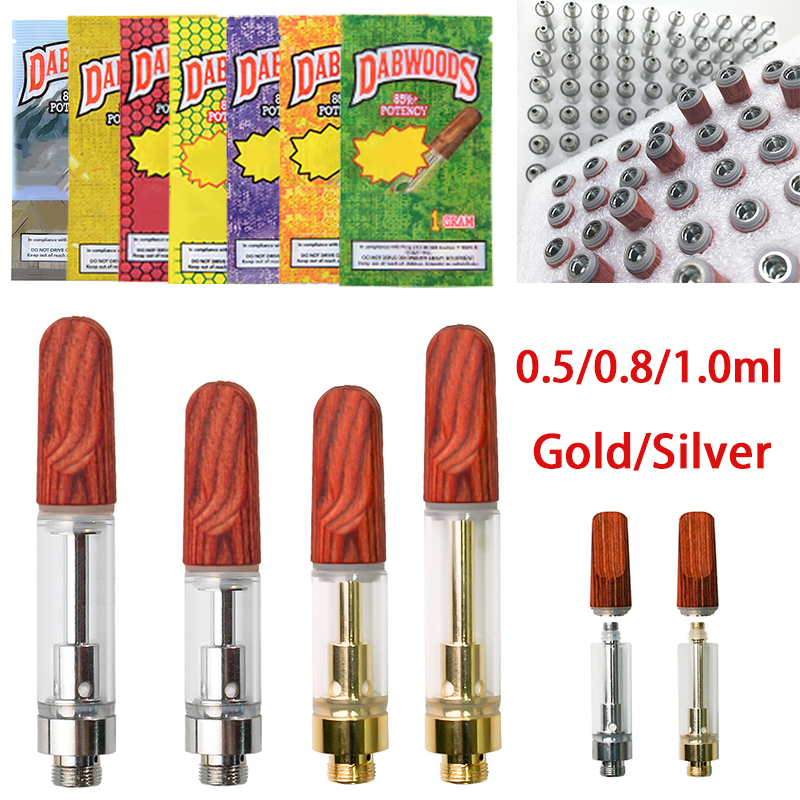 

Ceramic Coil TH205 Wood Grain Flat Mouthpiece Vape Atomizers Carts Empty Glass Thick Oil 0.8ML 1ML Silver Vape Pen Cartridges Dabwoods Packaging Vaporizer