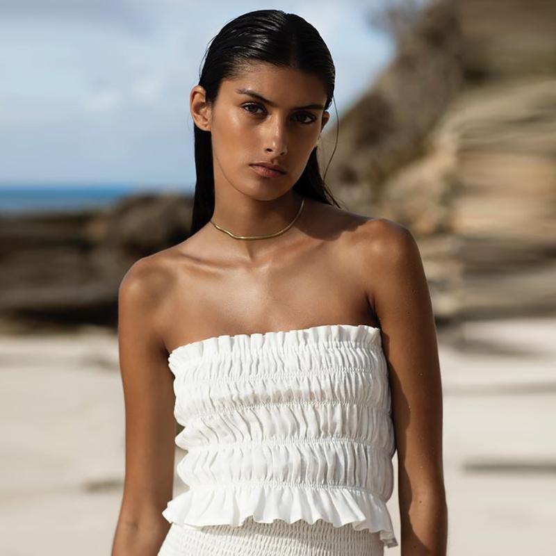 

Women' Tanks & Camis Off Shoulder Ruched Tube Tank Tops Summer Fashion Ladies Sleeveless Strapless Woman Sexy Crop Lettuce Edge Elastic, White