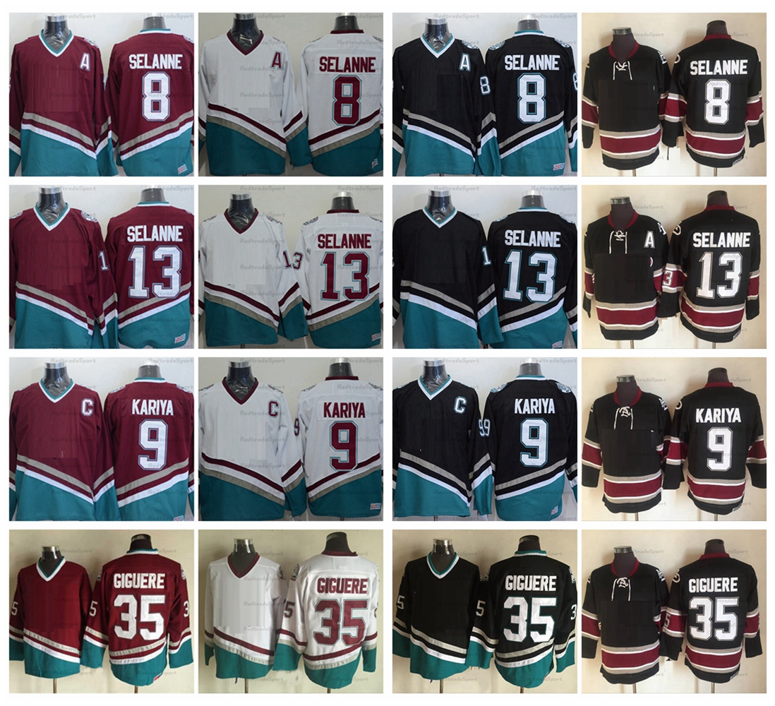 

Vintage Mighty 8 Teemu Selanne 9 Paul Kariya Hockey Jerseys Mens 35 Jean-Sebastien Giguere Jersey 13 TeemuSelanne Purple Black White Stitched Shirts C Patch, Black35