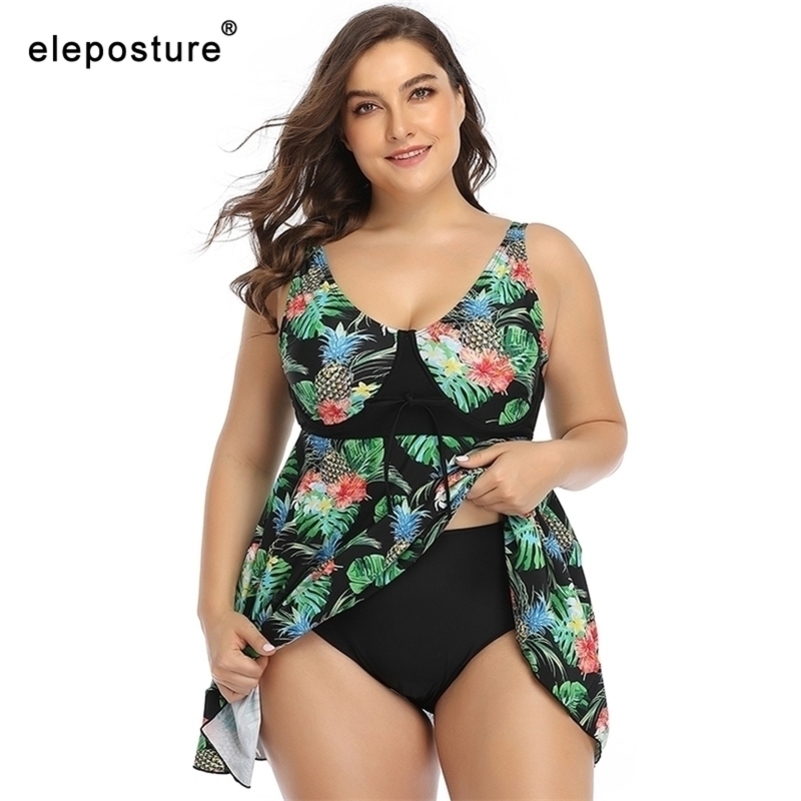 

Sexy Print Plus Size Swimwear Women Tankini Swimsuits High Waist Swimsuit Large Size Bathing Suits Skirt Swimming Suit Y200319, Leaf print