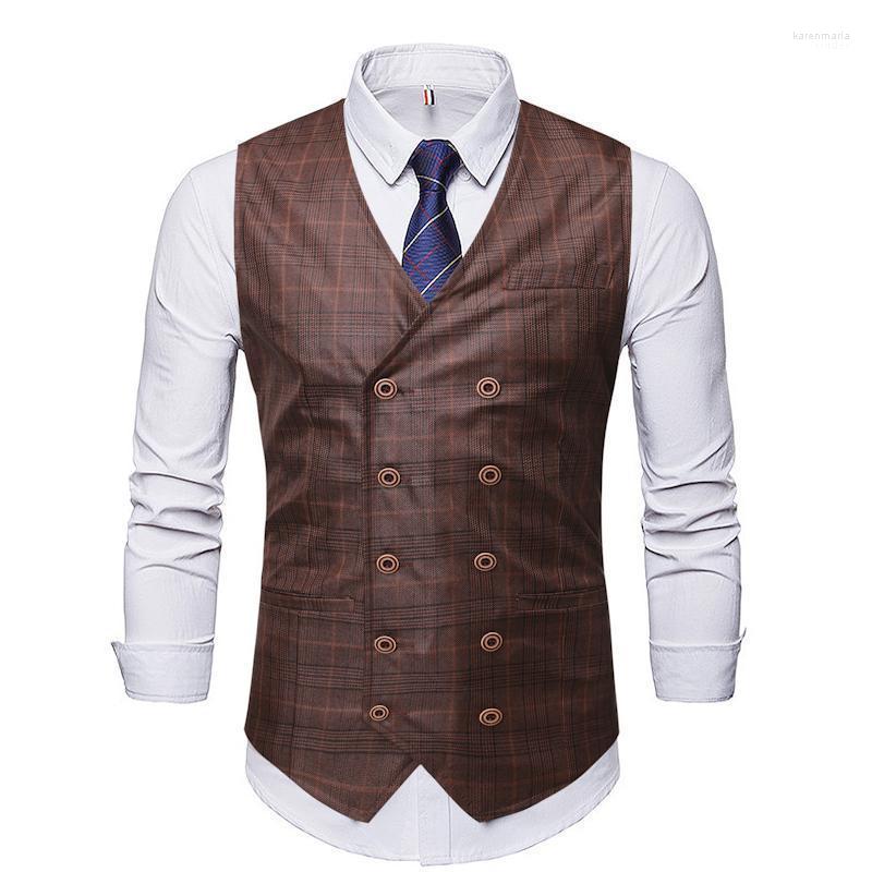

Men' Vests Mens Plaid Suit Vest Brst Fashion Double Breasted V-neck Collar Waistcoat Wedding Business Slim Fit Chalecos Para Hombre 2XL Kar, Brown