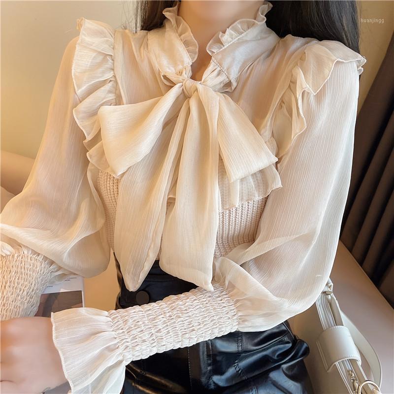 

Women' Blouses & Shirts Lace Up Bow Chiffon Blouse Solid Spring 2022 Elegant Feminine Ruffles Blusas Mujer Ladies Women Tops, Black