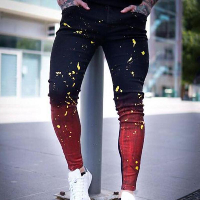 

Men's Jeans Men Joggers Contrast Colors Slim Fit Zipper Gradient Paint Spots Denim Trousers Ankle Length TrousersMen's, Black