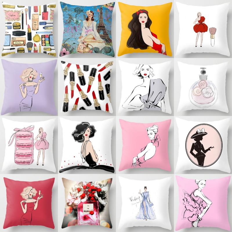 

Cushion/Decorative Pillow Elegant Lady Cosmetics Perfume Cushion Cover Pretty Woman Print Pink Lolita Case Modern Simple Sofa Throw Pillows, C-10