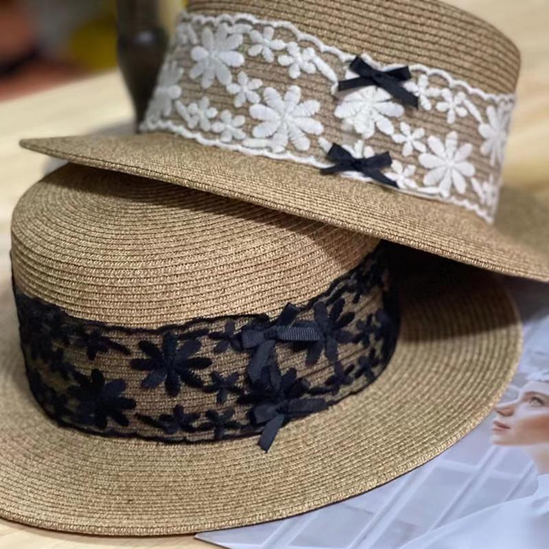 

Wide Brim Hats &Dolphin High Quality Handmade Women Summer Lace Ribbon Sun Protection Hat Panama Straw Girl Big Eave Casual Chic, White lace ribbon