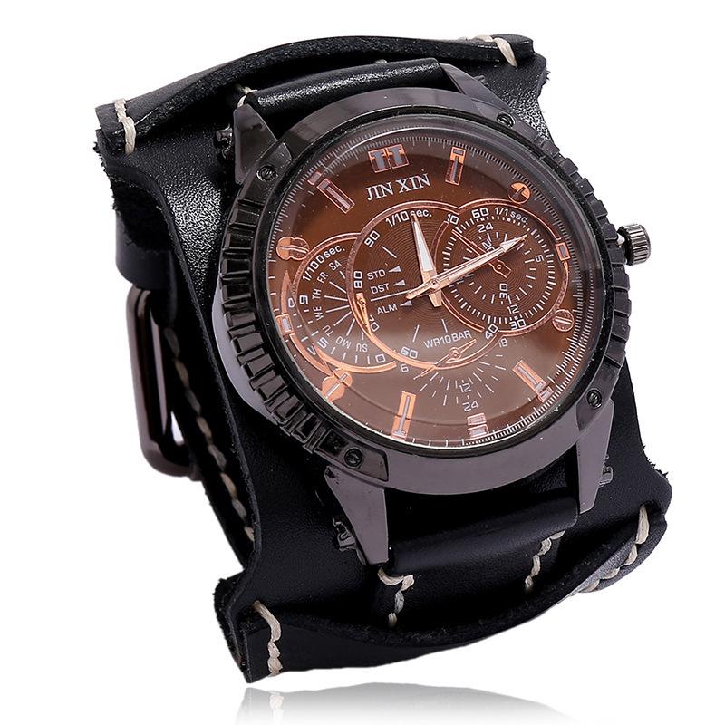 

Wristwatches Cool Watch Mens Watches Retro Big Dial Male Clock Wide Leather Punk Bracelet Quartz Relogio Masculino Drop