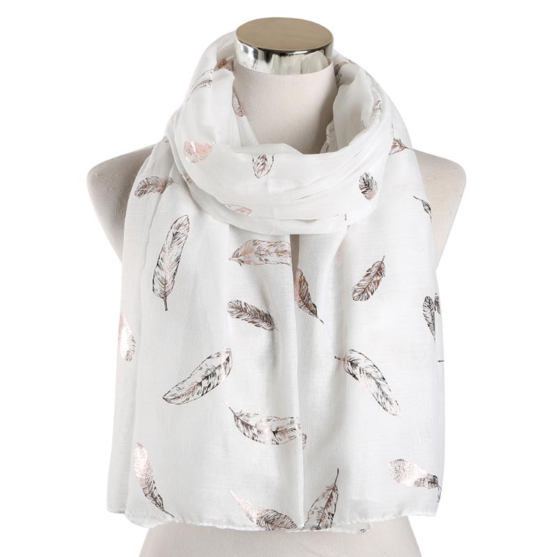 

Scarves Winfox Fashion White Navy Feather Print Scarf Women Bronzing Foil Gold Long Shawls And Foulard FemmeScarves