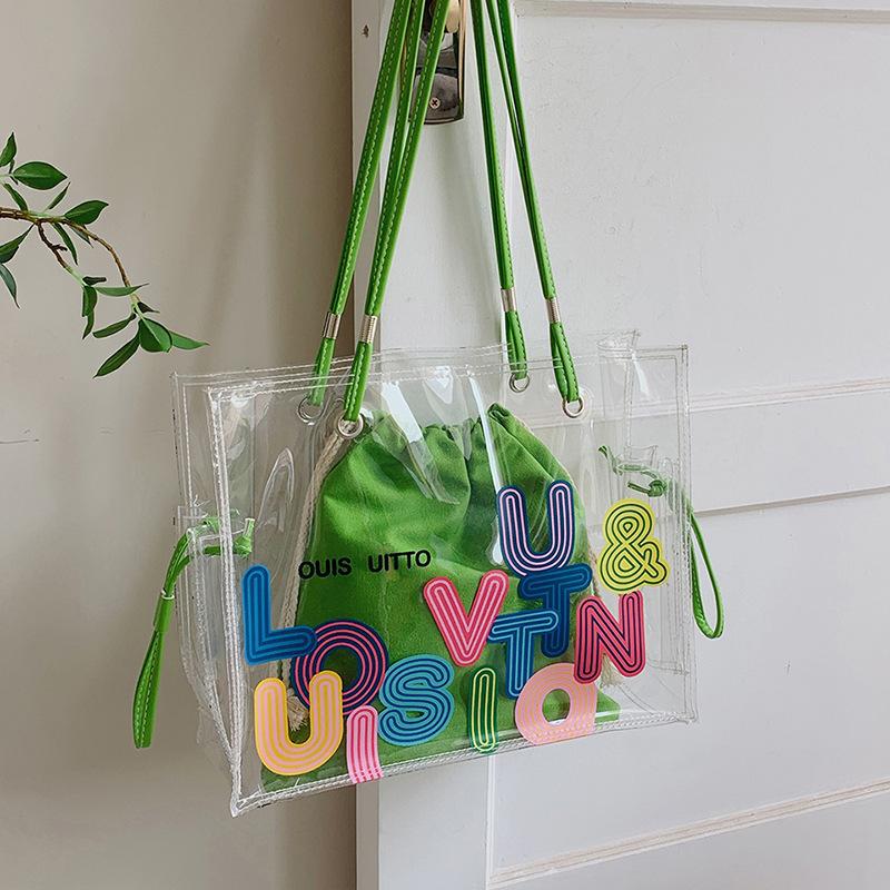

Evening Bags Vintage Women Transparent Letters Printing 2pcs Composite Pure Color Shoulder Shopping Bag Casual Large Capacity Tote, Green