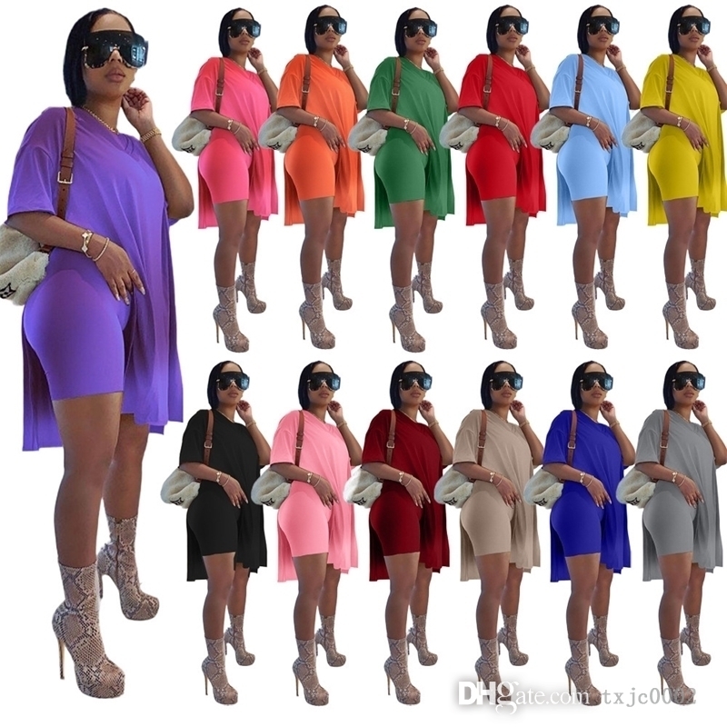 Summer Woman 2 Piece Short Pants Set Streetwear Casual Outfits Oversize T Shirt Split Biker Shorts Two Piece Outfits XS--5XL
