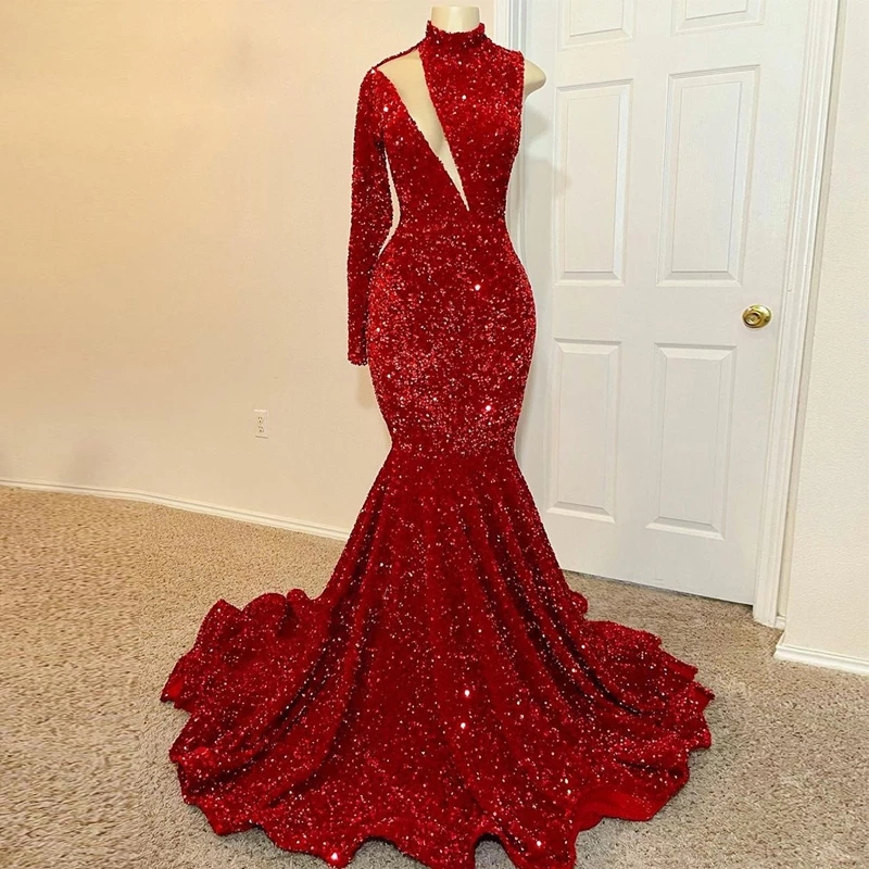 Robe de bal de sirène à paillettes à paillettes 2024, robe de soirée à manches simples avant découpées